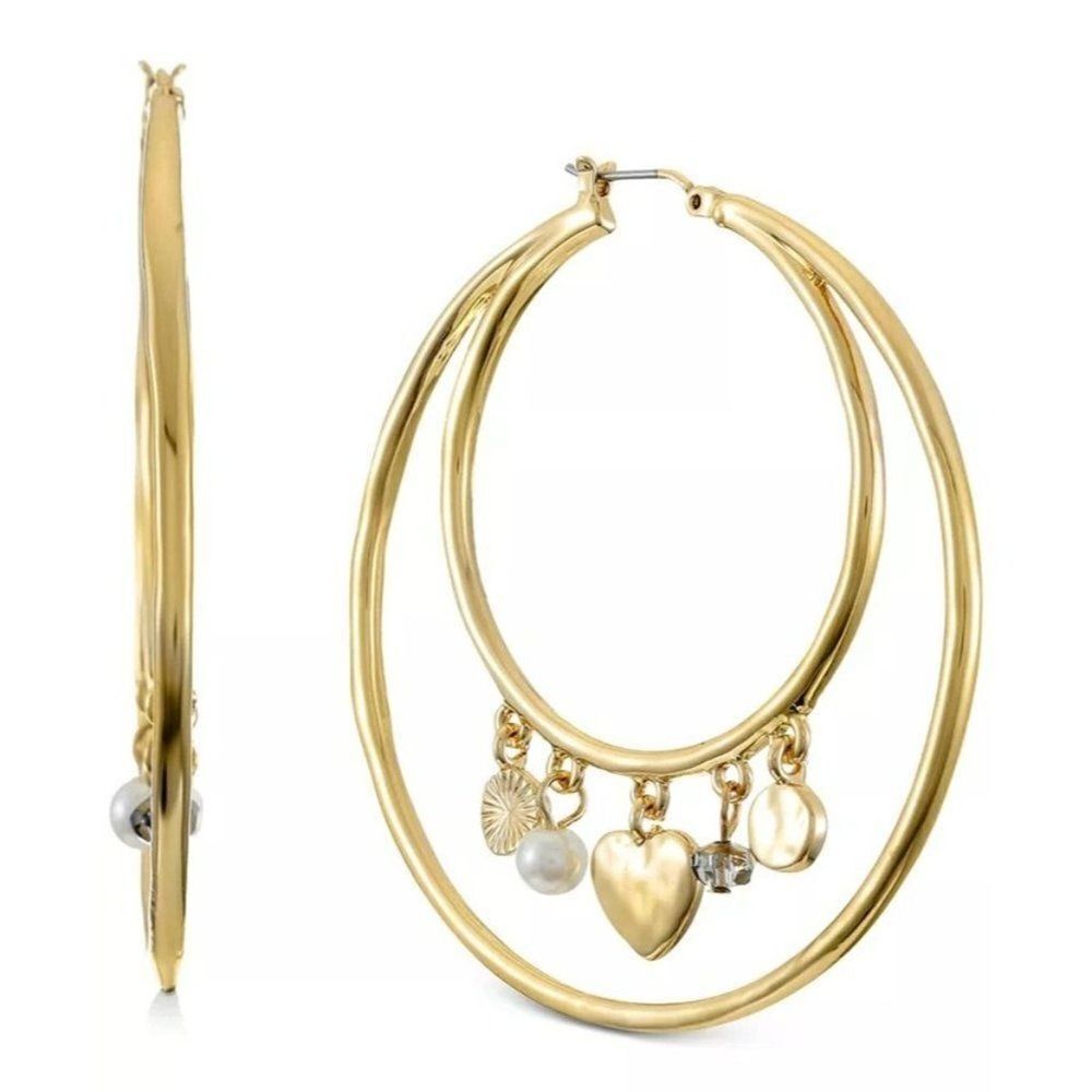 Style & Co Mixed Shaky Charm Heart Double-Row Hoop Earrings Women Gold Tone Larg